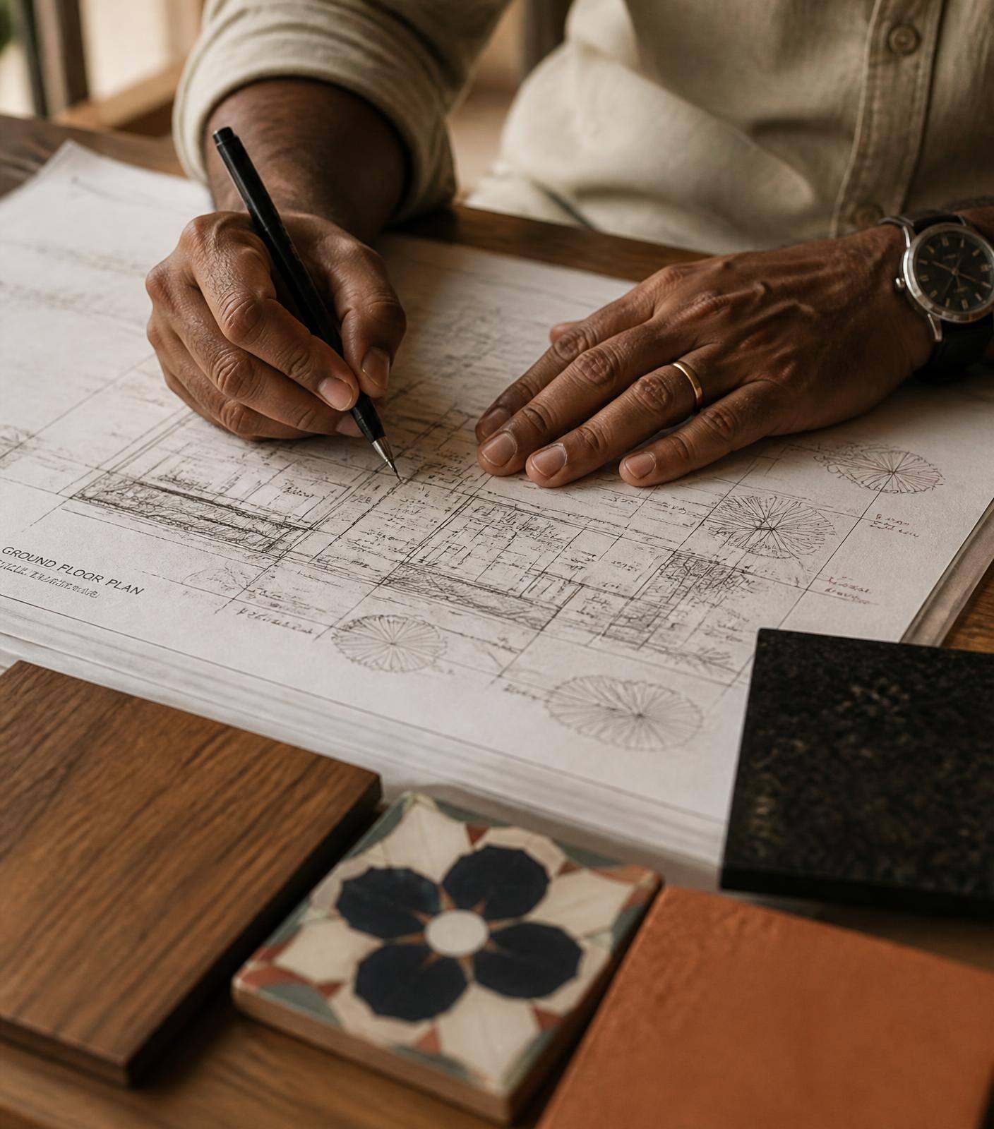 An architect sketching a floor plan beside teak, Athangudi tile and granite material samples